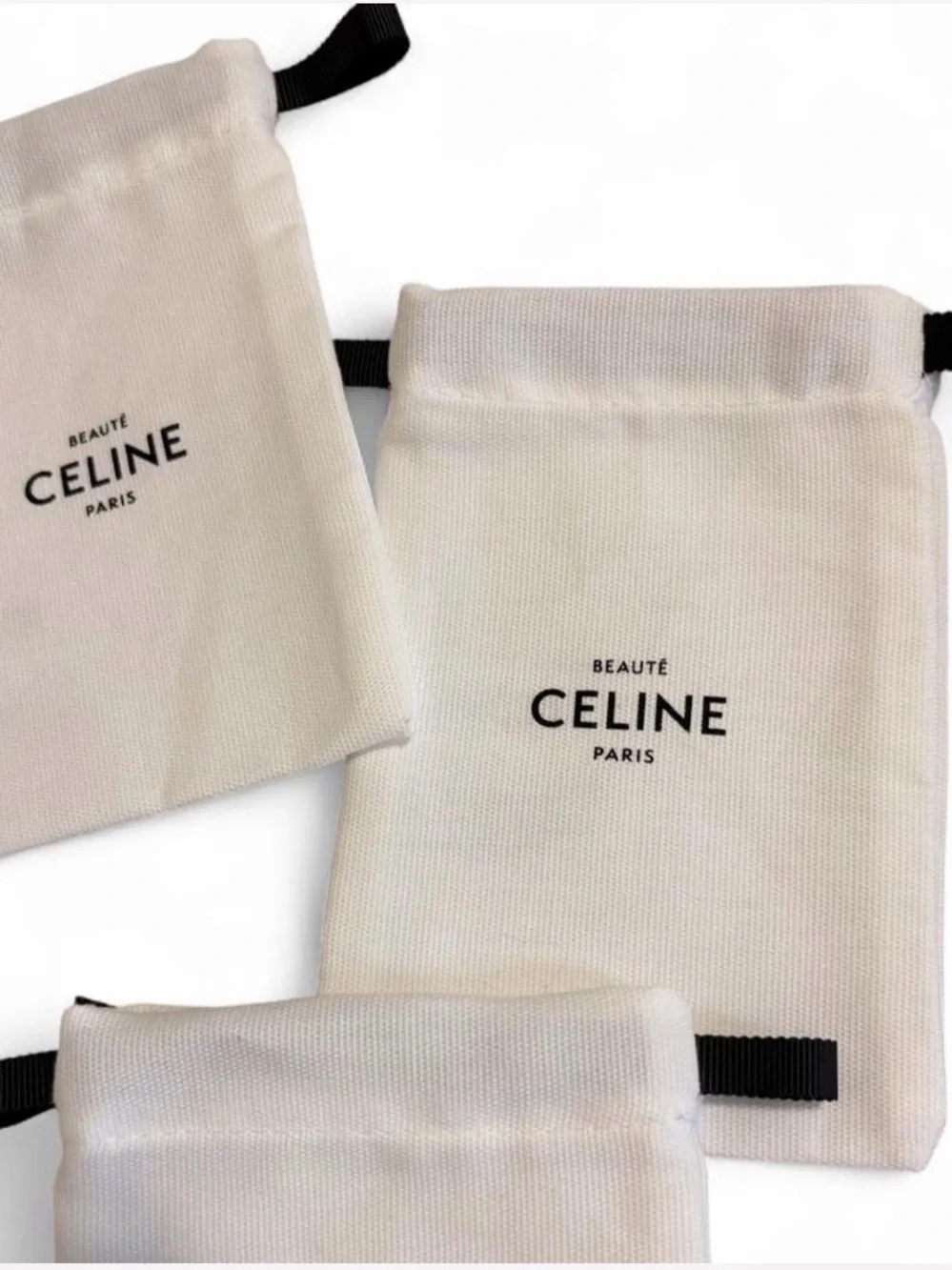 Celine Cream Drawstring Makeup Dust Bag Set of 5 with Black Tabs